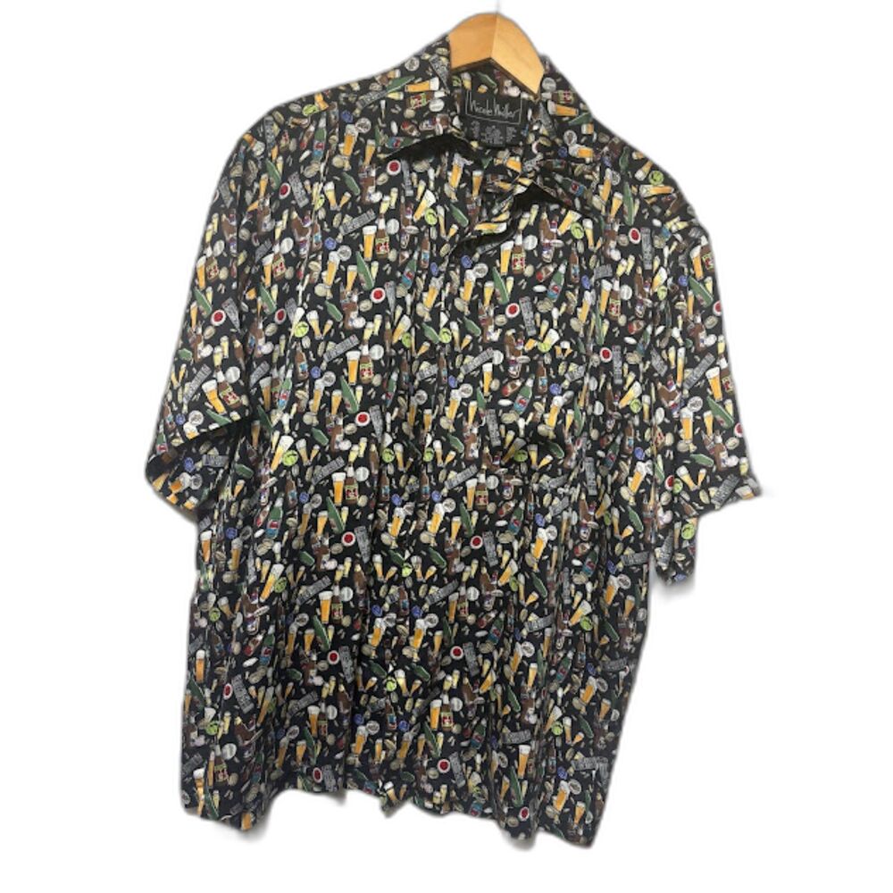 Nicole Miller vintage silk shirt button up camp shirt M beer drinks bartender